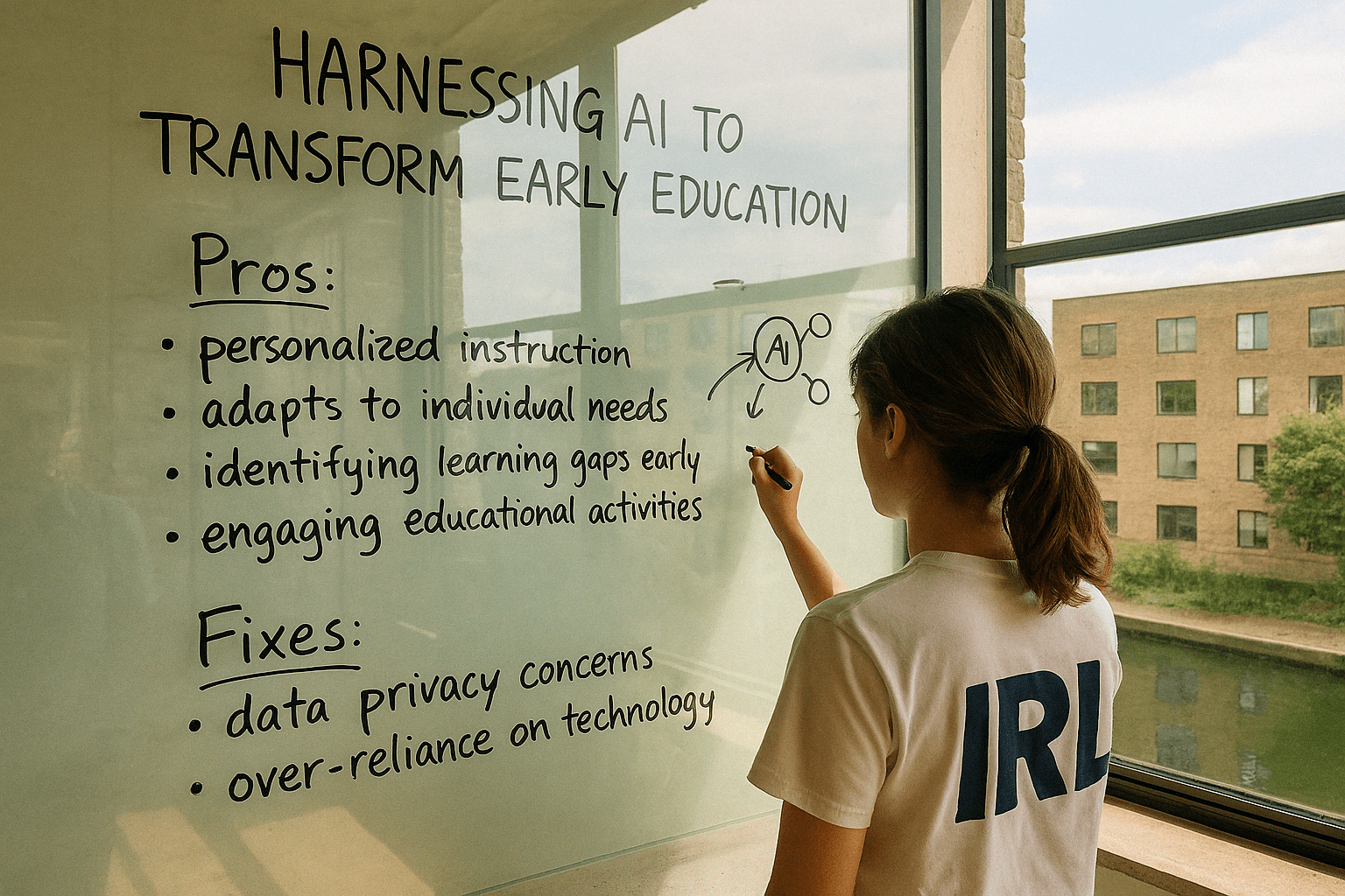 A person writing on a glass wall about the pros and fixes of using AI in early education.. Discover how harnessing AI is transforming early education by providing personalized instruction, adapting to individual needs, and addressing challenges like data privacy concerns and over-reliance on technology.