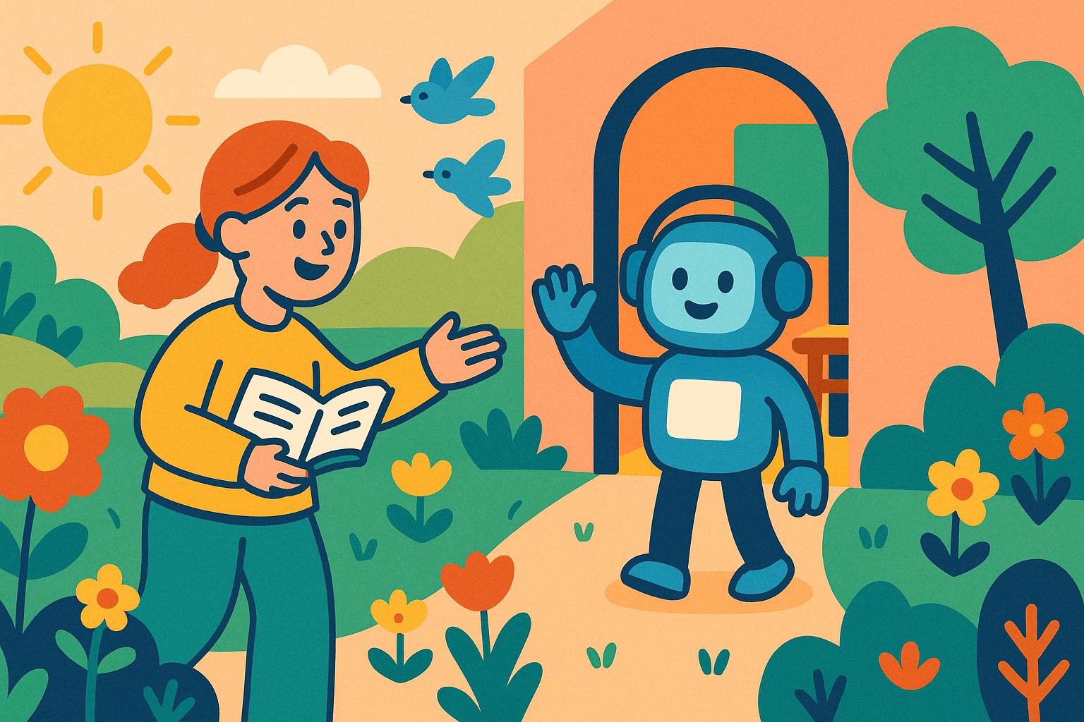 A cheerful girl reading a book in a colorful garden is greeting a friendly robot.. Discover how ethical AI and innovative educational tools enhance learning through play, fostering inclusivity and student privacy while promoting educational equity.