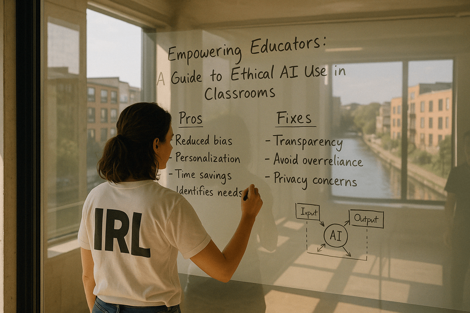 A person writing on a glass board that outlines the pros and fixes for ethical AI use in classrooms.. Explore how ethical AI can empower educators in the classroom while addressing key concerns like bias, transparency, and student privacy. Discover actionable insights in our comprehensive guide.