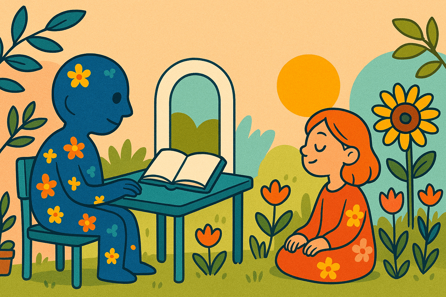 A colorful illustration of a serene outdoor scene featuring a flower-patterned figure seated at a table with a book, while a girl in a red dress sits peacefully nearby among blooming flowers.. Discover how the synergy of technology and play enhances student engagement in early education, fostering a love for learning through adaptive and interactive methods.