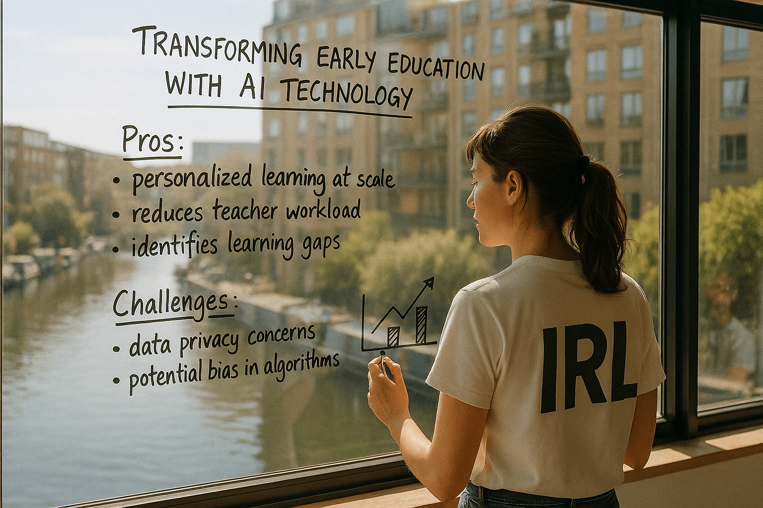 A young woman is writing on a glass wall about the pros and challenges of using AI technology in early education, with a view of a canal and buildings in the background.. Discover how AI technology is transforming early education by personalizing learning, reducing teacher workload, and identifying learning gaps, while navigating challenges such as data privacy and algorithmic bias.