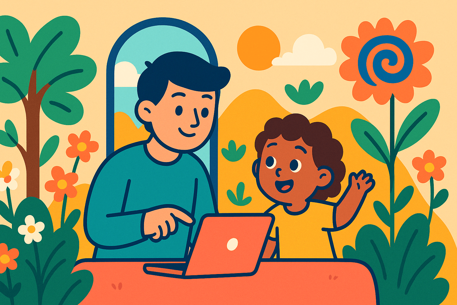 A parent and child engage in a joyful interaction while looking at a laptop, surrounded by vibrant flowers and a sunny landscape.. Explore the benefits of integrating AI in early childhood education by promoting personalized and adaptive learning through engaging play experiences.