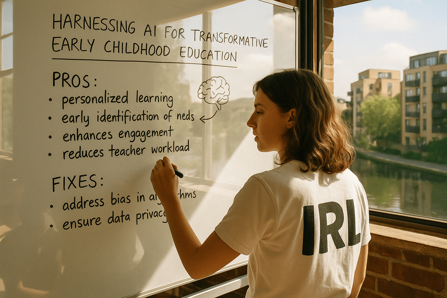 A person writing on a whiteboard with educational points about AI in early childhood education while seated by a window with a scenic view.. Discover how AI is transforming early childhood education through personalized learning, increased engagement, and reduced teacher workload. Learn about the benefits and necessary precautions for integrating AI in educational settings.