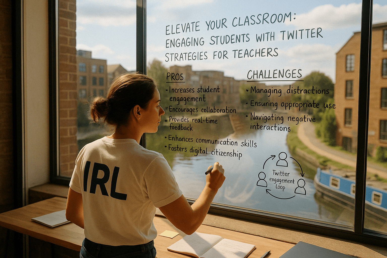 A teacher stands in front of a window, writing on glass about the pros and challenges of using Twitter in the classroom.. Discover effective Twitter strategies for teachers to engage students, enhance collaboration, and foster digital citizenship while addressing common challenges in the classroom.