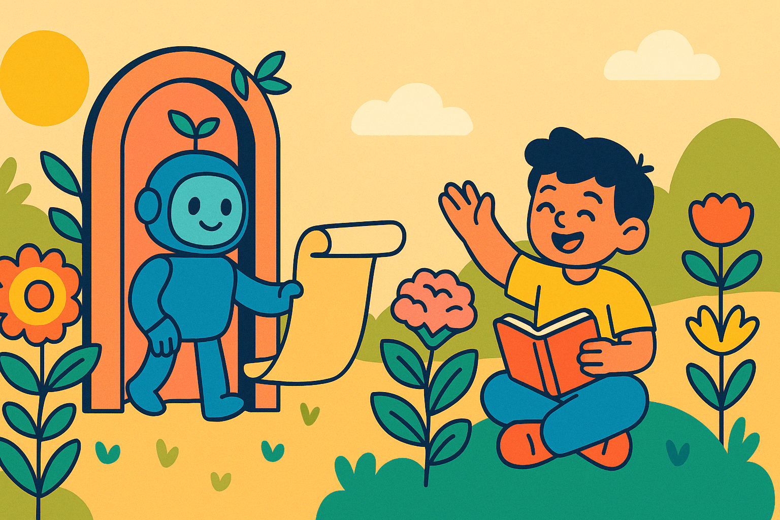 A cheerful young boy sits on the ground reading a book while a friendly robot, holding a scroll, emerges from an archway surrounded by colorful flowers and a sunny landscape.. Explore how personalized learning through AI and innovative educational technology is transforming the future of learning, making education more inclusive and engaging for children.