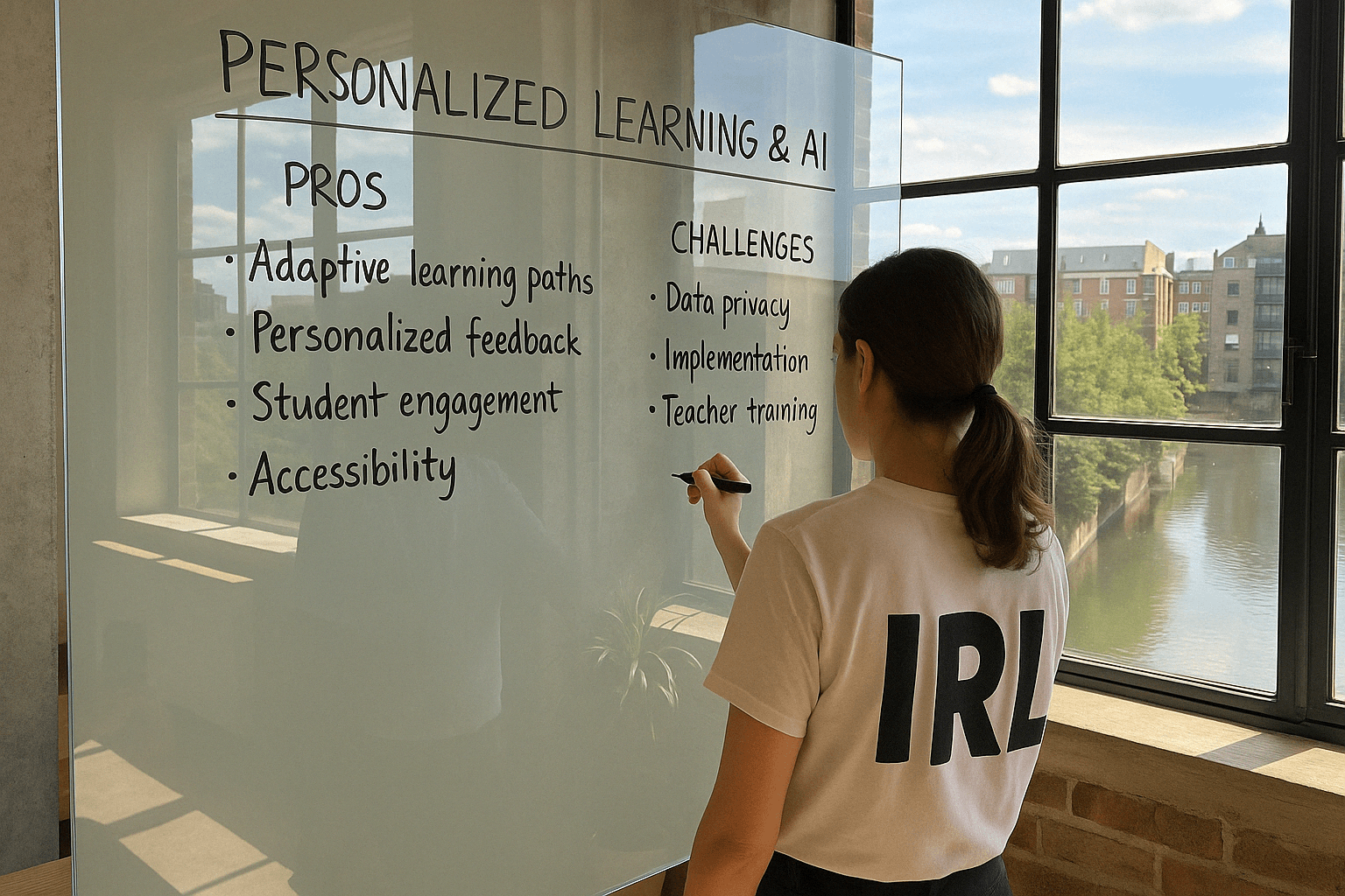 A person stands in front of a glass board writing down the pros and challenges of personalized learning with AI.. Discover how AI is transforming personalized learning in education. Explore its benefits, challenges, and future impact on student engagement and accessibility. Join the conversation on #PersonalizedLearning and #AIinEducation.