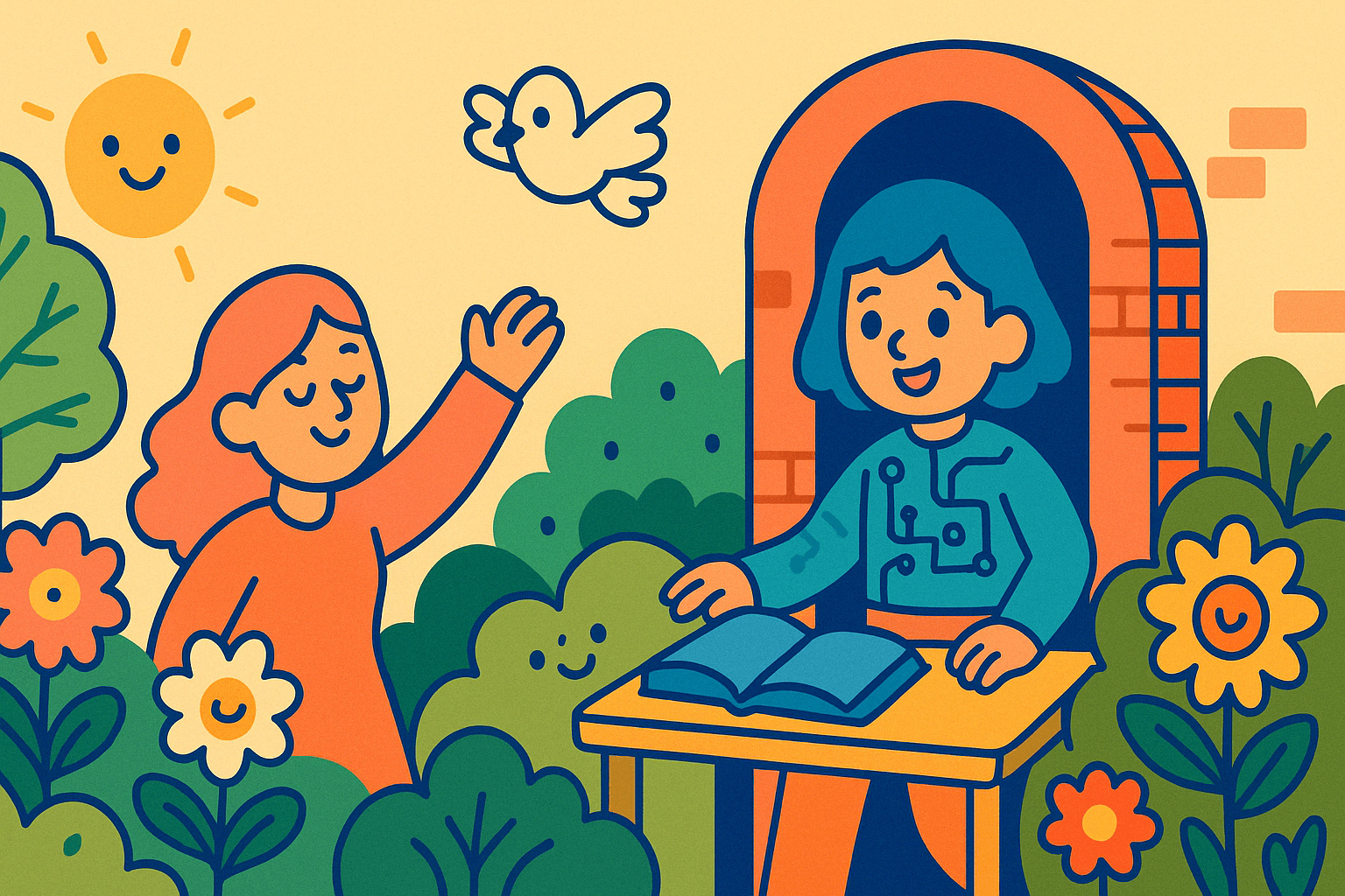 A cheerful child waves at a smiling character seated at a table with a book, surrounded by colorful flowers and greenery under a sunny sky.. Discover how AI in education enhances personalized learning experiences through play, fostering creativity and engagement in young learners with innovative EdTech solutions.