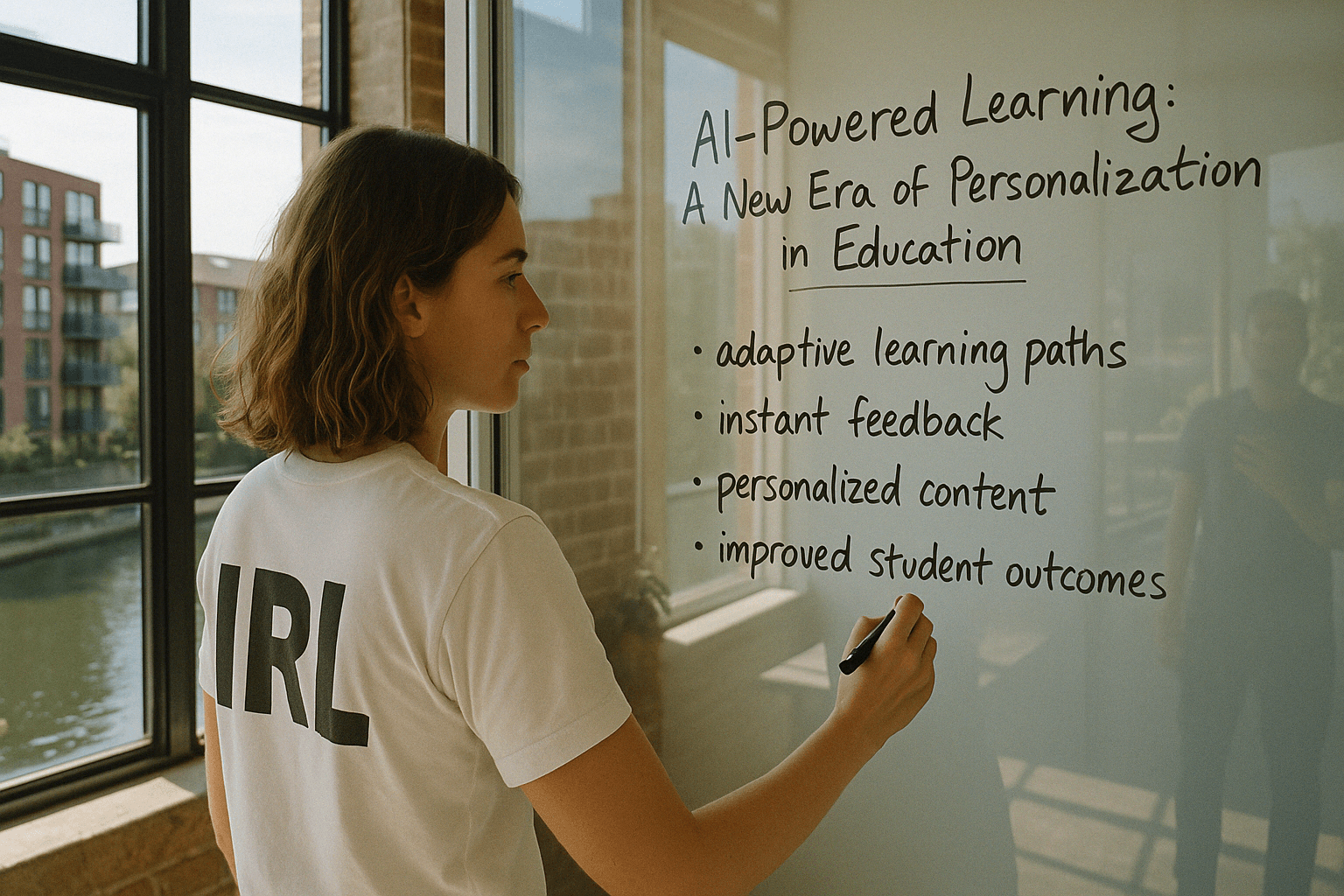 A young person is writing on a glass board featuring 'AI-Powered Learning: A New Era of Personalization in Education' along with bullet points about adaptive learning and personalized content.. Explore how AI is transforming education through personalized learning paths, instant feedback, and improved student outcomes, shaping a new era in educational technology.