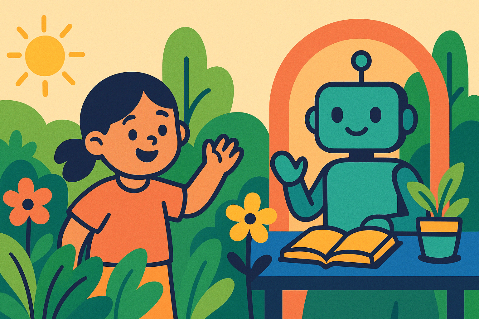 A cheerful child waving at a friendly robot seated at a desk surrounded by vibrant plants and flowers.. Discover how AI and interactive learning can enhance education through play, while ensuring data privacy and promoting inclusivity in digital learning environments.