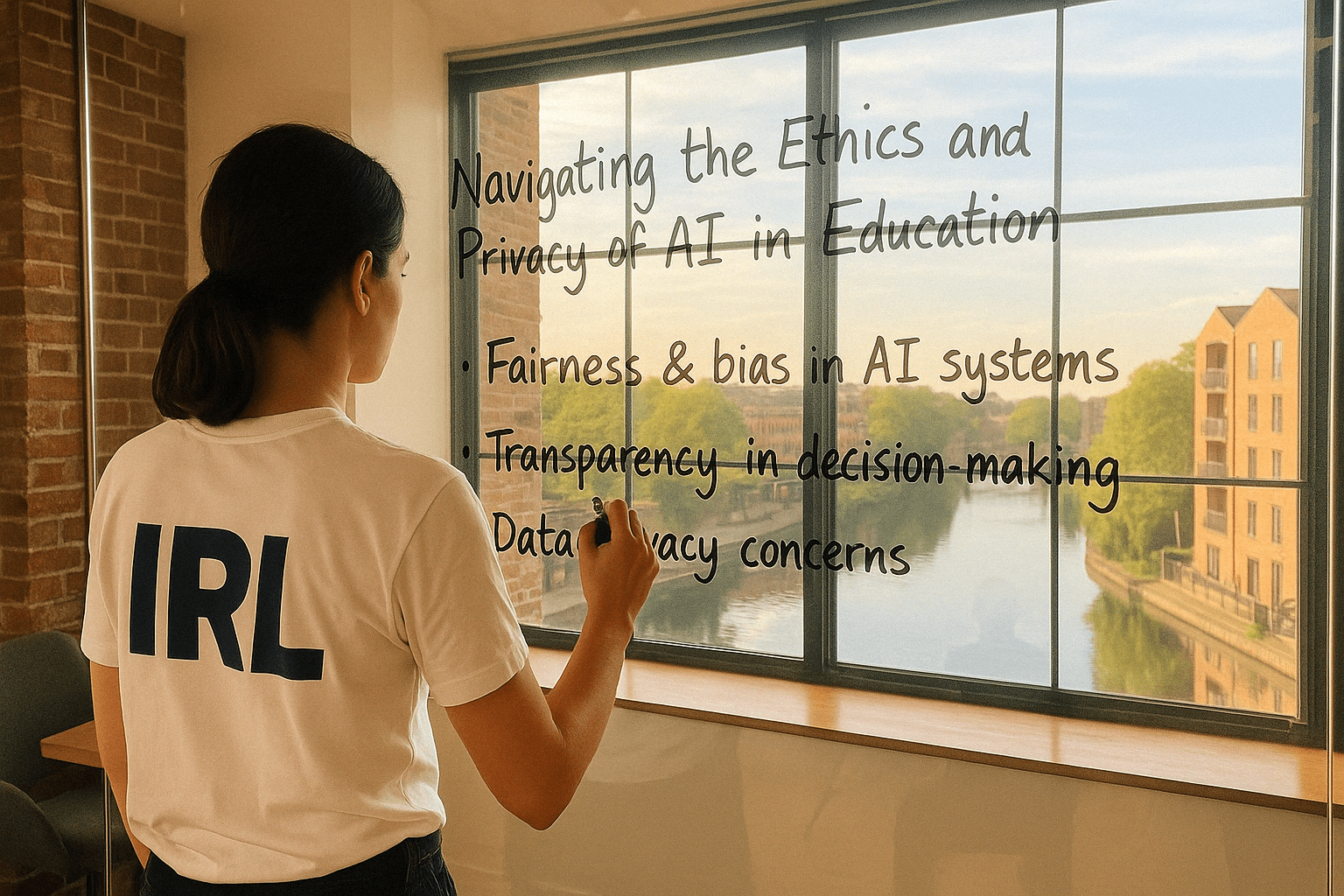 A person writes on a window discussing the ethics and privacy of AI in education, with a scenic view in the background.. Delve into the urgent conversation surrounding ethics and privacy in AI education, addressing bias, transparency, and data privacy concerns to foster inclusive digital learning.