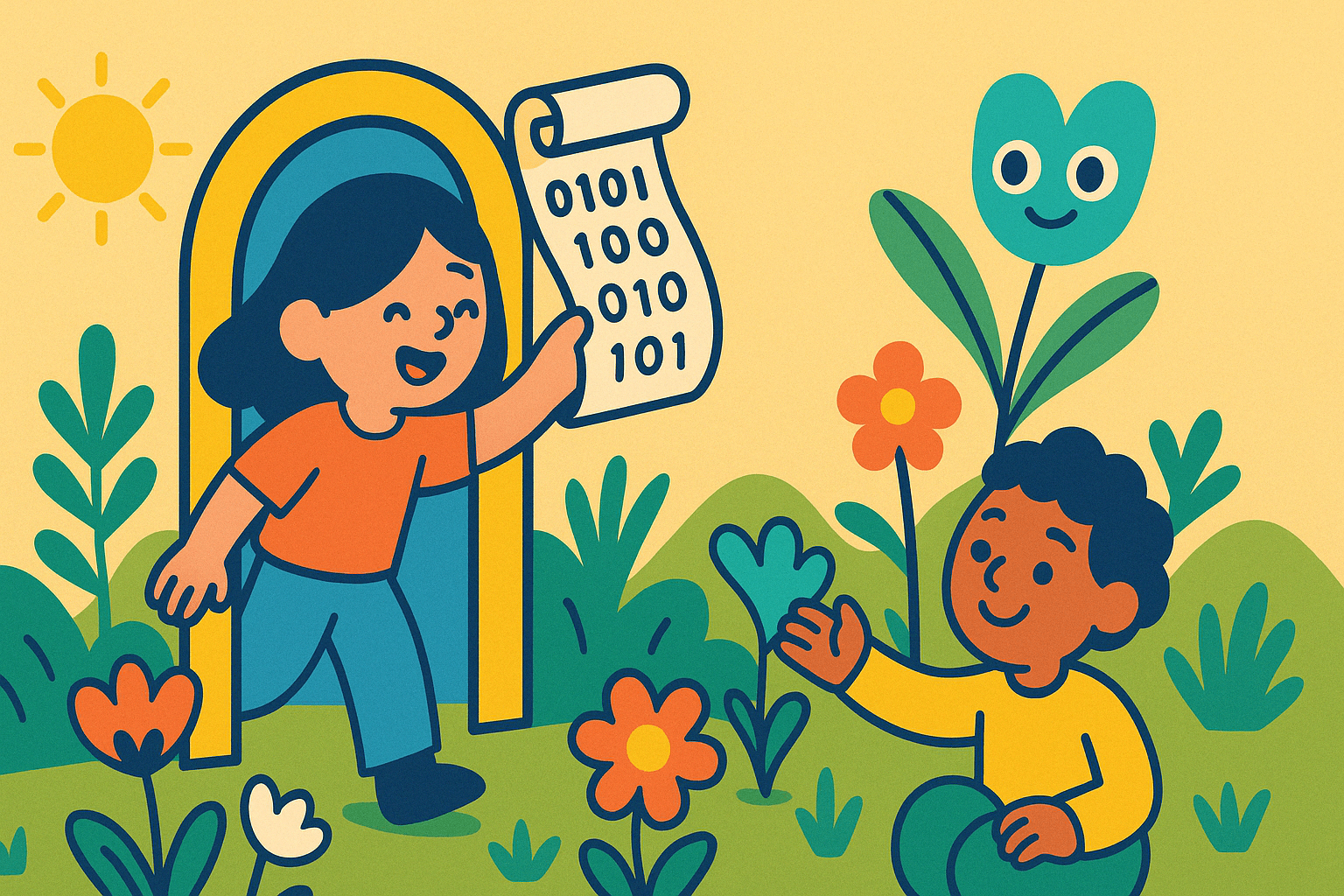 A cheerful child exits a colorful door holding a scroll with binary code, while another child reaches out amidst vibrant flowers in a sunny garden.. Discover how early childhood education can harness the power of play and technology to create personalized learning experiences for children. Explore innovative methods in adaptive learning and AI integration.