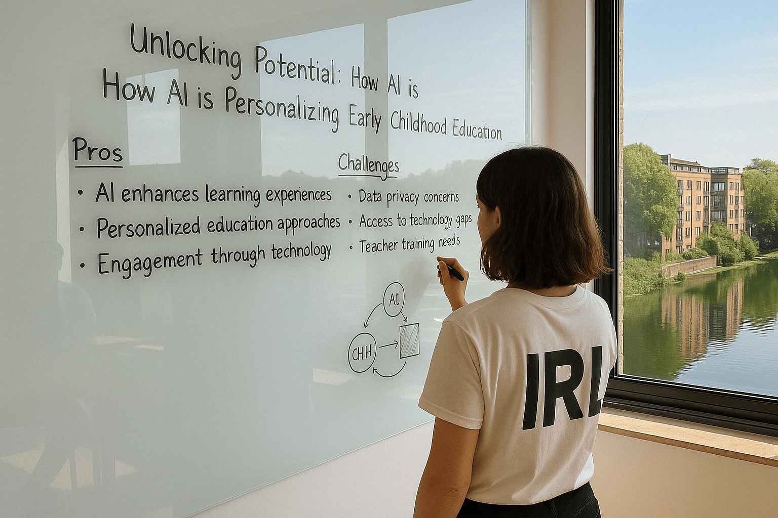 A young woman writing on a glass board that outlines the pros and challenges of AI in early childhood education, with a scenic view of a river and buildings in the background.. Discover how artificial intelligence is transforming early childhood education through personalized learning experiences while addressing the challenges that come with technological engagement.