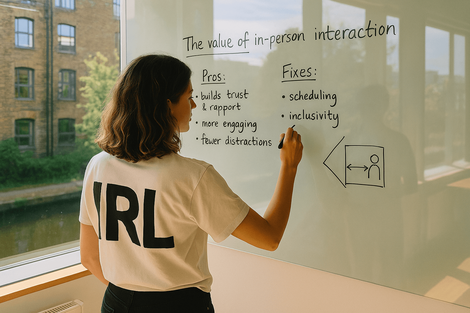 A person wearing a white t-shirt with 'IRL' printed on the back writes on a glass board outlining the benefits and fixes for in-person interaction.. Discover the significance of in-person interaction in the age of AI as we explore the pros, challenges, and future transformations in various industries, including education and workplace dynamics.