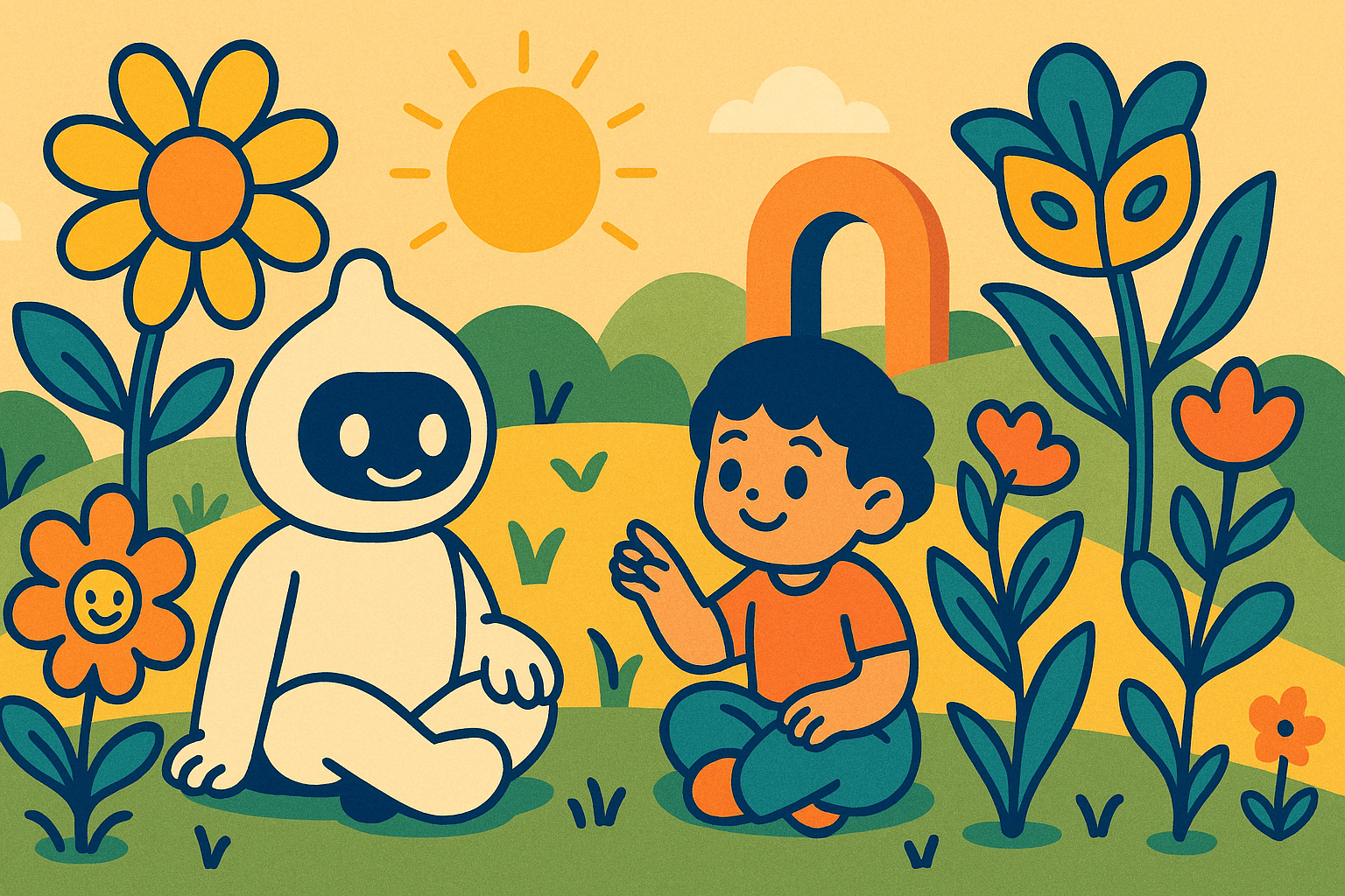 A child sitting on the grass, engaging with a friendly robot character amidst a vibrant garden filled with flowers and a sunlit background.. Discover how play-based learning in early childhood education nurtures cognitive development through innovative methods like Montessori and Reggio Emilia, aided by AI tools for an enriched learning experience.
