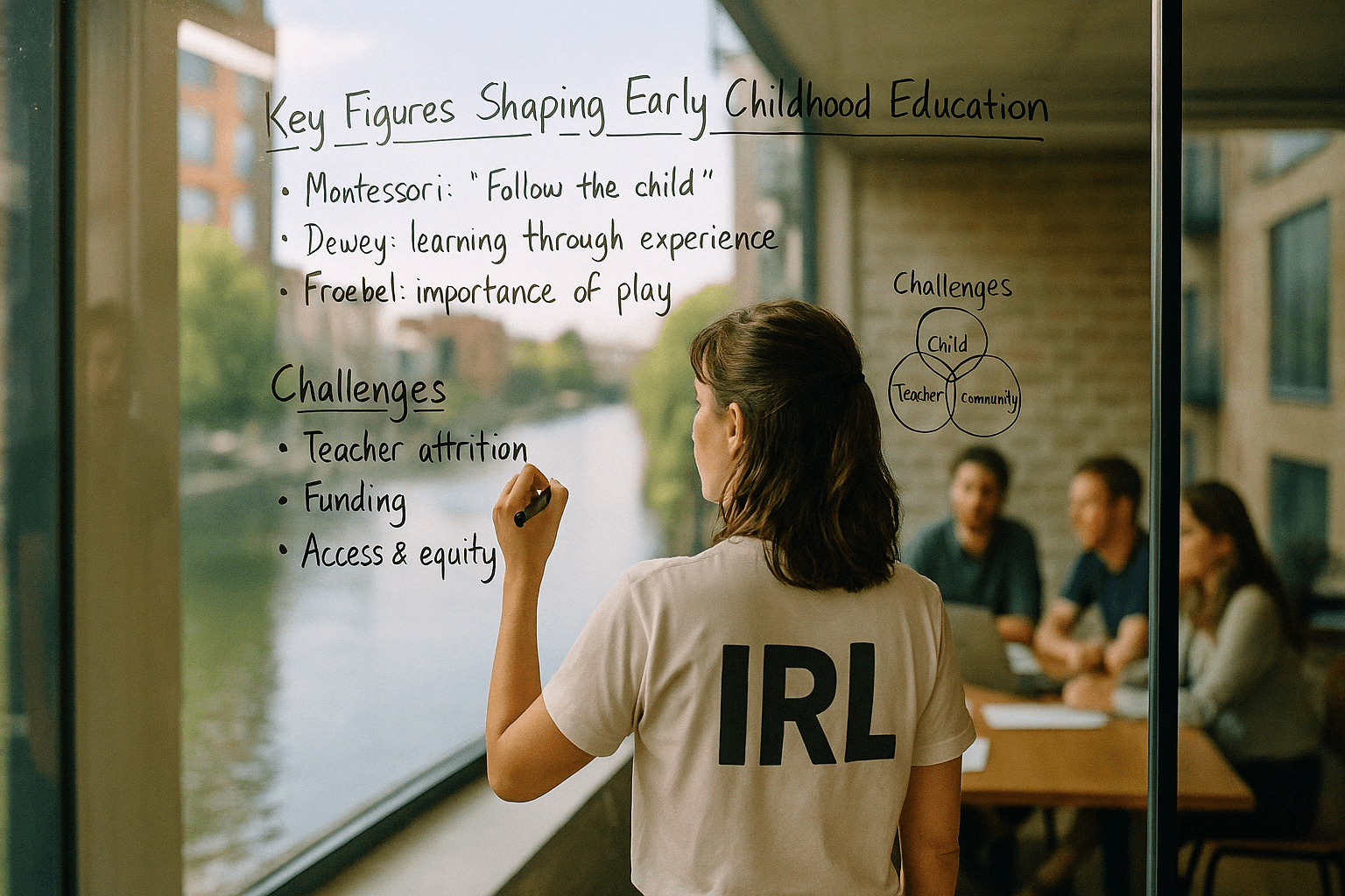 A person writes on a glass board outlining key figures and challenges in early childhood education, while a group sits around a table in the background.. Discover the pivotal figures shaping early childhood education, their philosophies, and the current challenges facing the sector. Learn more about Montessori, Dewey, and Froebel, along with insights on teacher attrition, funding, and access.