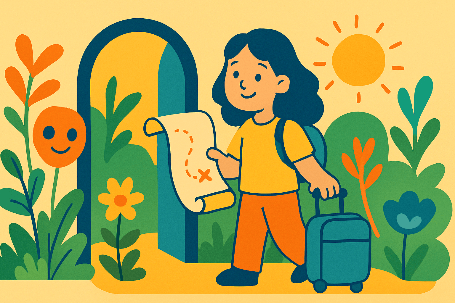 A cheerful girl with a backpack is holding a treasure map while standing in a vibrant garden with smiling flowers and a sunny sky.. Discover how teachers can leverage discounts and unique cultural experiences while traveling on a budget. Uncover the best budget-friendly destinations and learn through travel with our comprehensive guide.