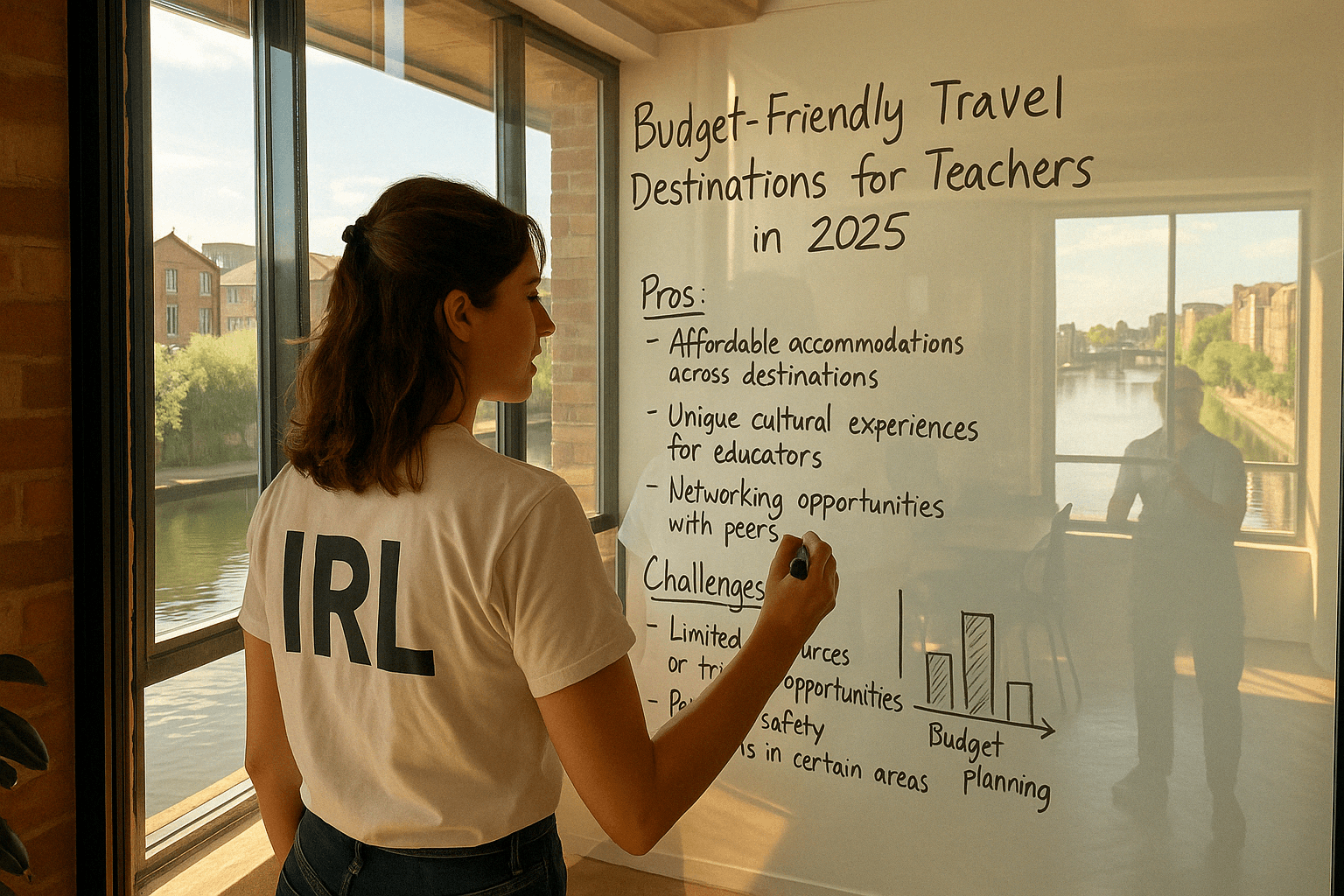 A woman writing on a glass board about budget-friendly travel destinations for teachers, with a scenic view of a river in the background.. Discover the best budget-friendly travel destinations for teachers in 2025, featuring unique cultural experiences, networking opportunities, and tips for planning your next adventure. Perfect for educators seeking affordable travel options.