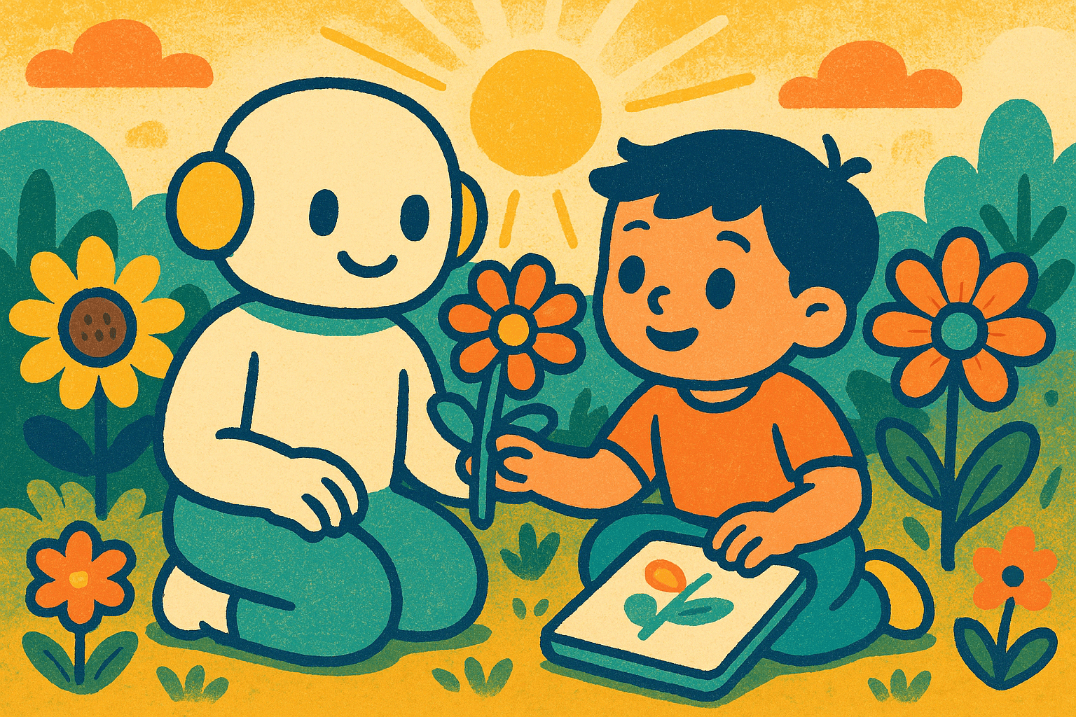 A child and a friendly robot are enjoying time together in a sunny garden, with colorful flowers around them.. Discover the impact of AI in education and engaging learning through play. Explore how creative interactions between children and technology enhance digital literacy and creativity in classrooms.
