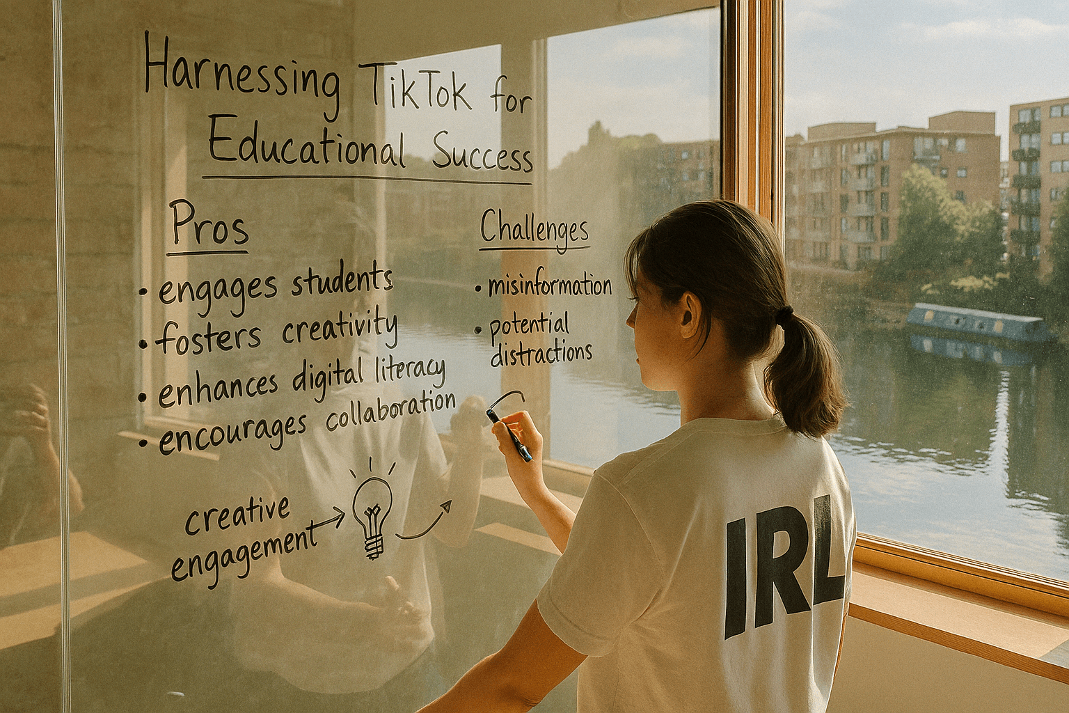 A student is writing on a glass board, listing the pros and challenges of using TikTok for education, with a scenic view visible through a window.. Discover how TikTok can enhance educational success by engaging students, fostering creativity, and improving digital literacy, while also addressing potential challenges such as misinformation and distractions.